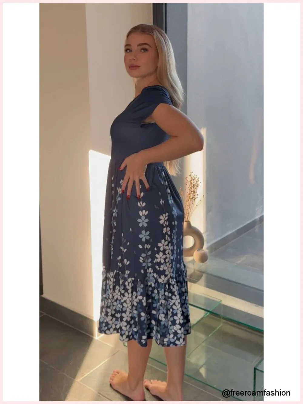Women's Short Sleeve A-Line Midi Dress with Pockets Tiered Flowy Beach Sundress